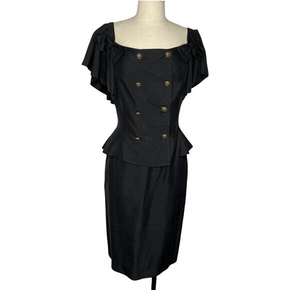 Nipon Boutique 2 Piece Silk Set Blouse and Skirt Peplum Ruffle Bow VTG Black 4 - Picture 1 of 13